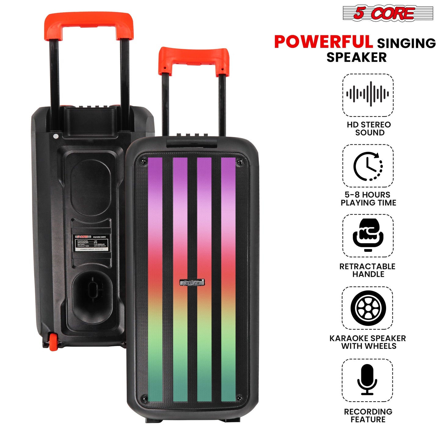 5Core Bluetooth Party-Lautsprecher 8 Zoll PA RGB Partybox Karaoke-Maschine + 2 drahtlose Mikrofone