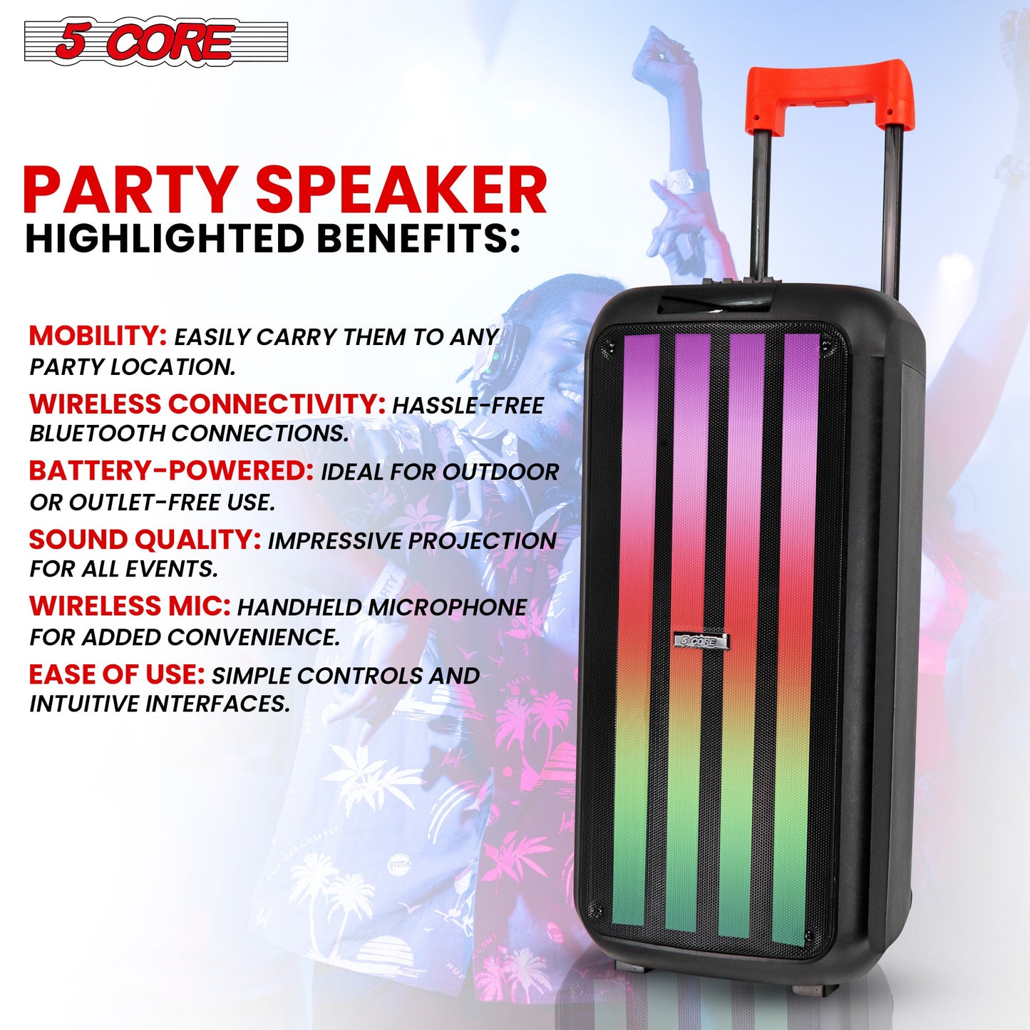 5Core Bluetooth Party-Lautsprecher 8 Zoll PA RGB Partybox Karaoke-Maschine + 2 drahtlose Mikrofone
