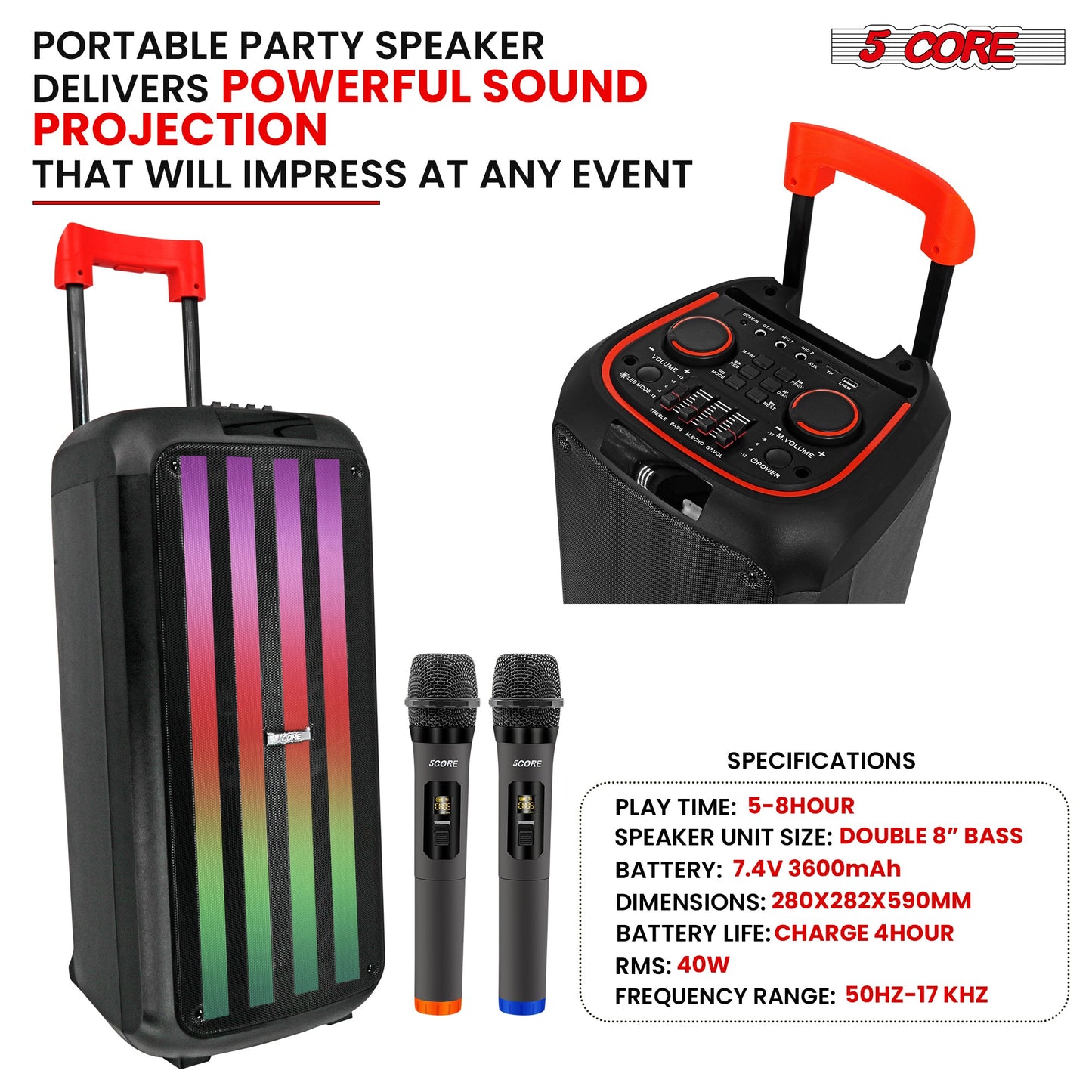 5Core Bluetooth Party-Lautsprecher 8 Zoll PA RGB Partybox Karaoke-Maschine + 2 drahtlose Mikrofone